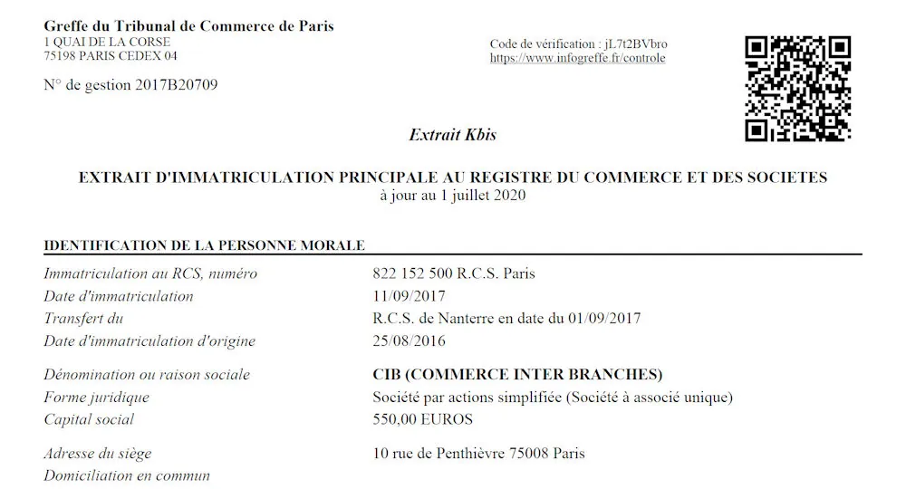 Ancien Kbis de CIB